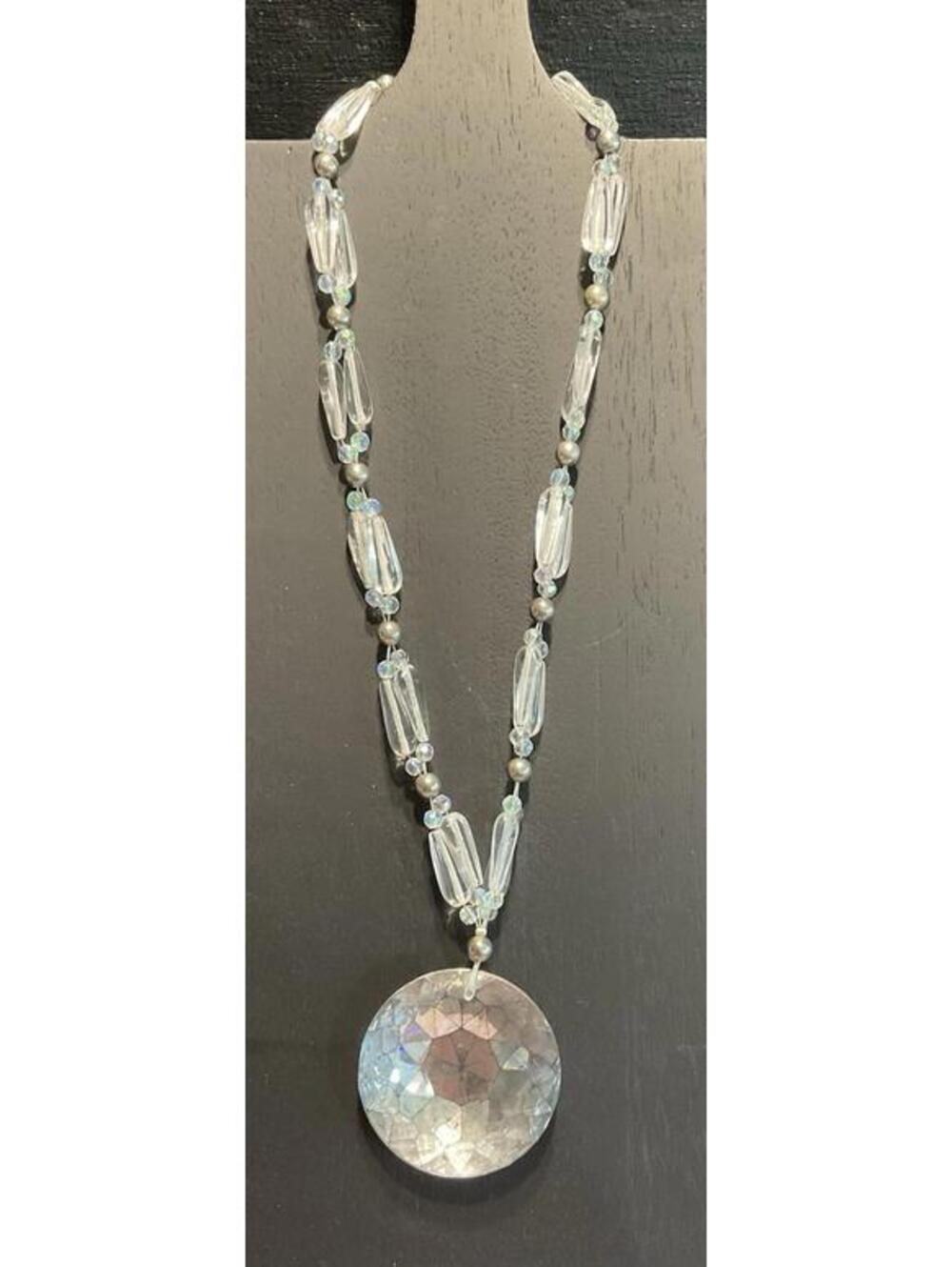 Clear & Silver Tone Bead Necklace W/large Round Pendant # 473